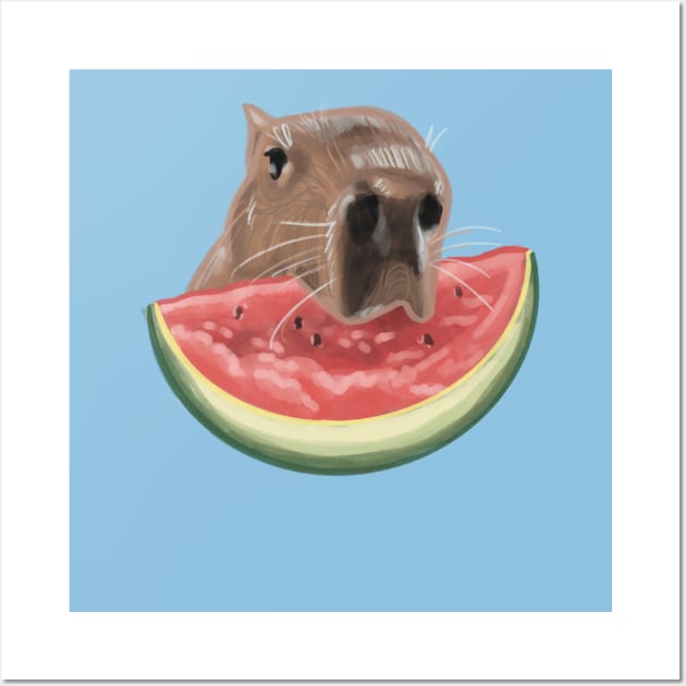 Capybara Snacking on a Slice of Watermelon Wall Art by danyellysdoodles